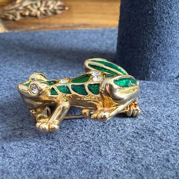 Vintage Frog Pin Enamel Rhinestone Gold Tone Signed Nat Landau Hyman NLH - Picture 7 of 10